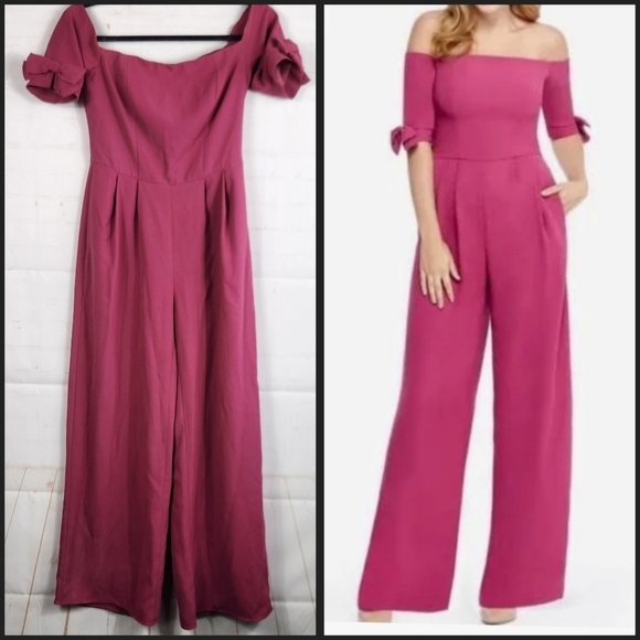 Gal Meets Glam Meredith Crepe Off-The-Shoulder Wide-Leg Jumpsuit Magenta Pink 0P - Picture 1 of 15